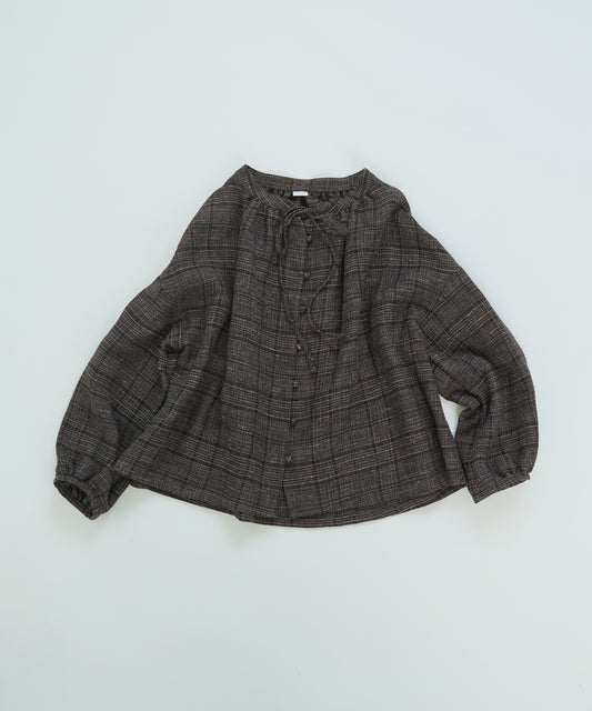 Under construction | [Released on 10/19] Boat neck gathered blouse wool linen check