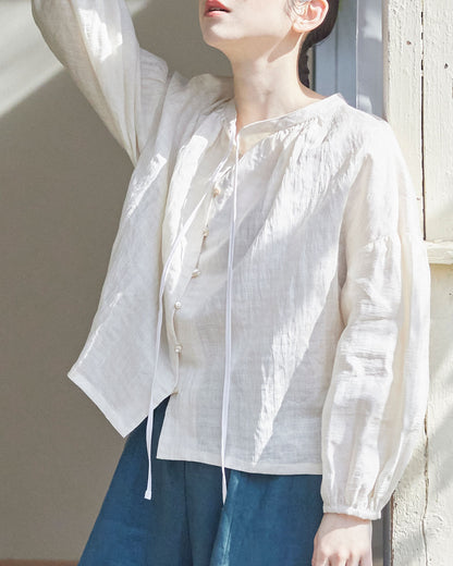 Boat neck gathered blouse / linen cotton dobby