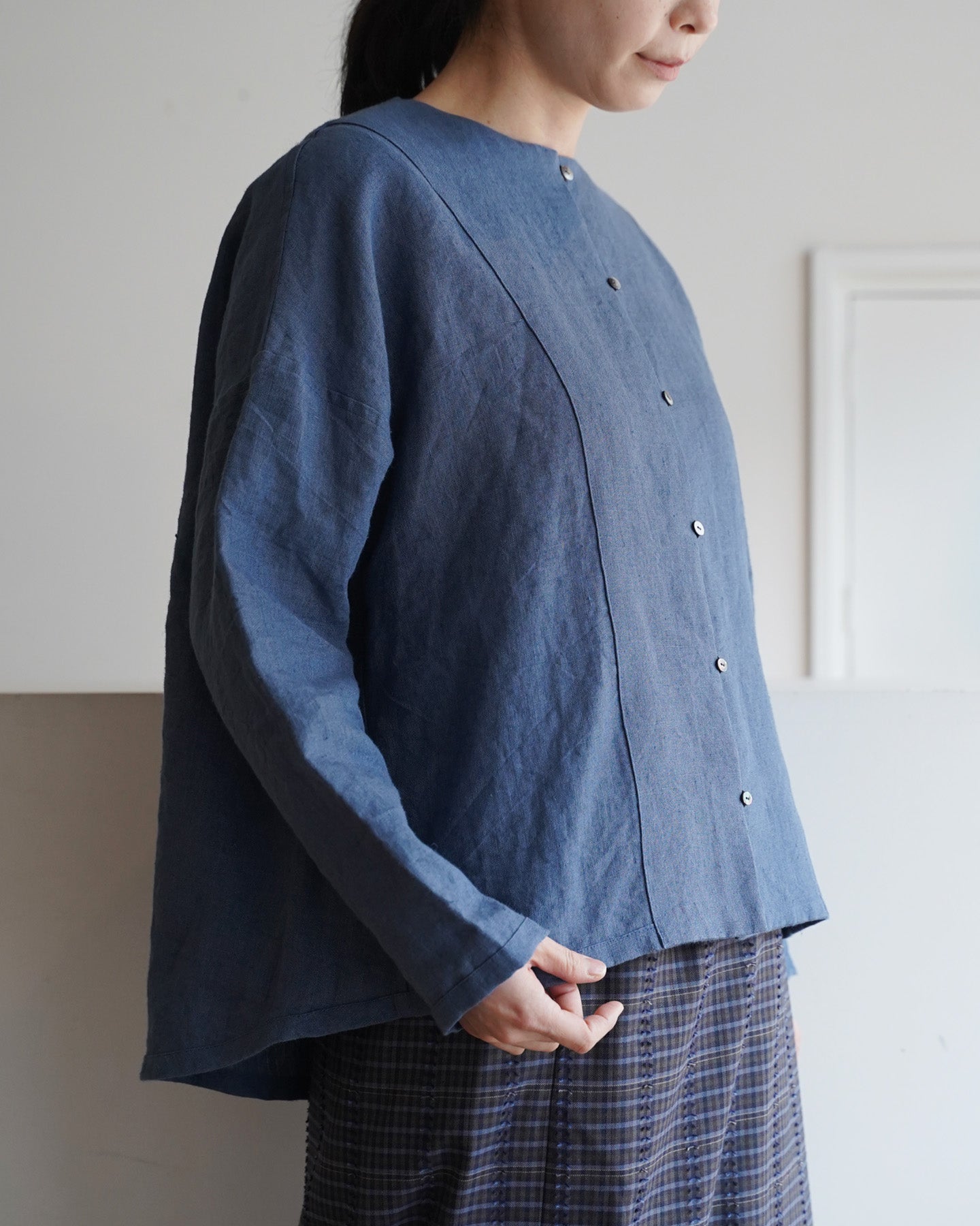 ノーカラーヨークシャツ/ナチュラルワッシャーリネン