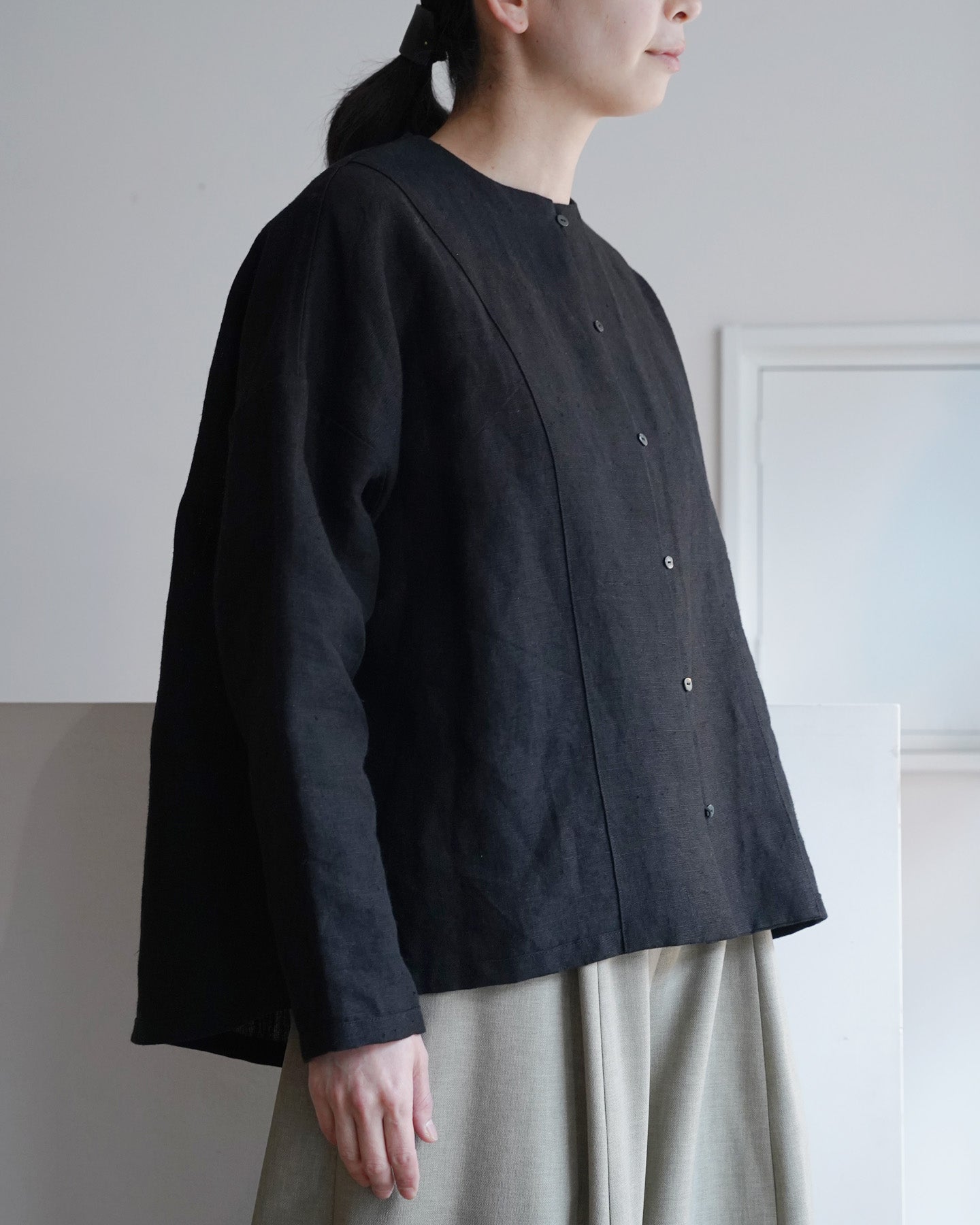 ノーカラーヨークシャツ/ナチュラルワッシャーリネン