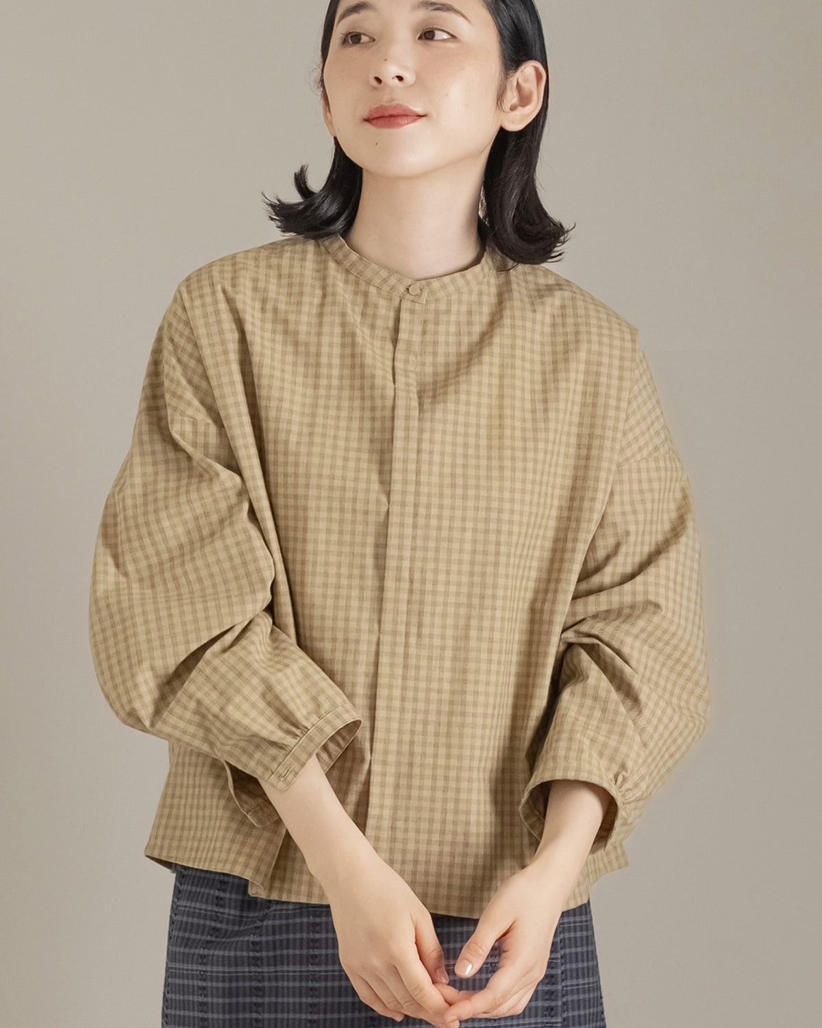 [2512] Stand Collar Shirt / Block Check