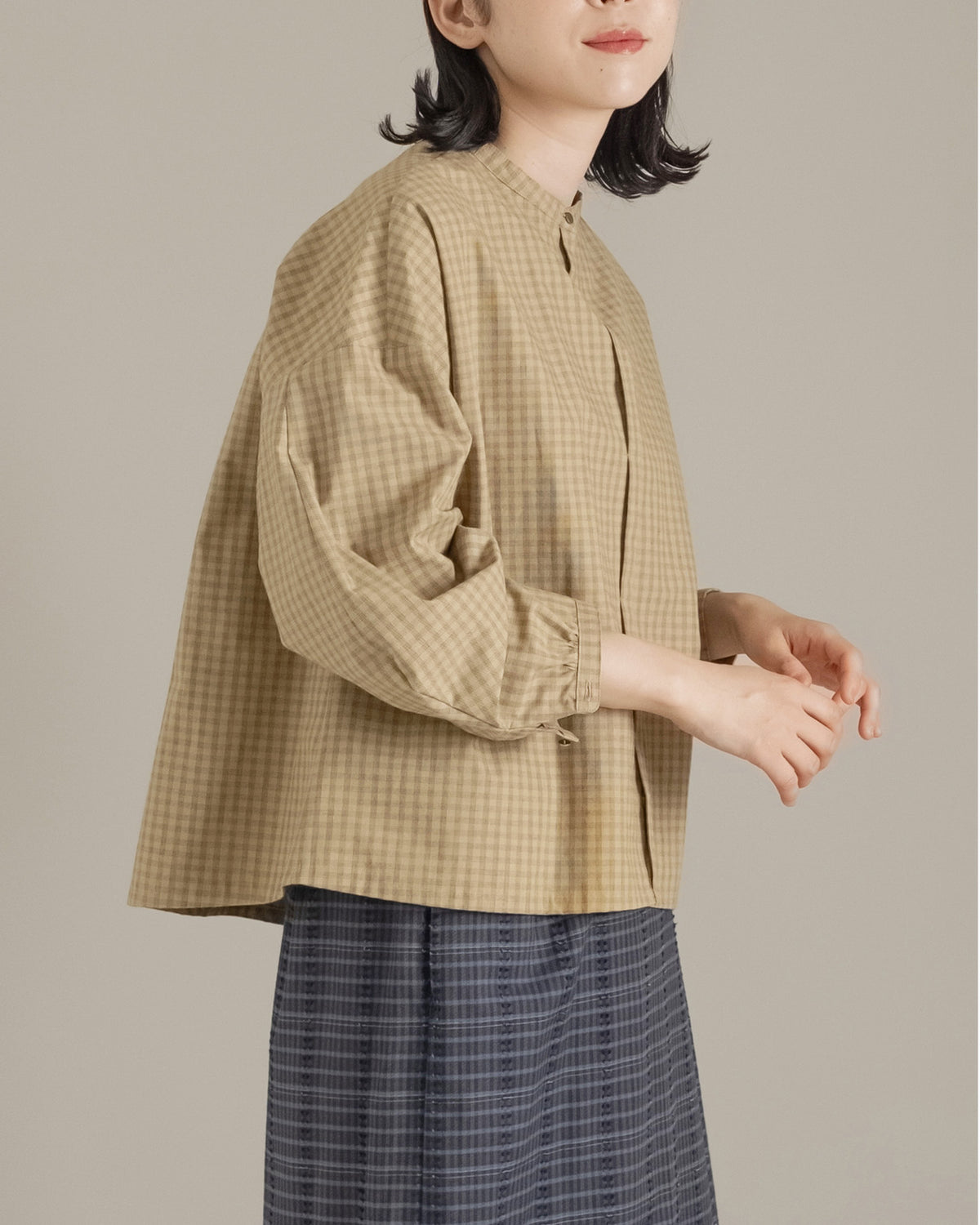 [2512] Stand Collar Shirt / Block Check