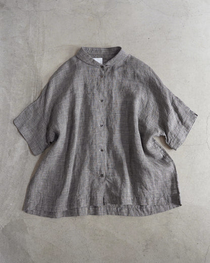 半袖ダッチカラーシャツ / リネン千鳥格子