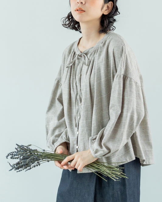 [Available from 12:00 on Saturday, March 14th] Boat neck gathered blouse/linen glen check