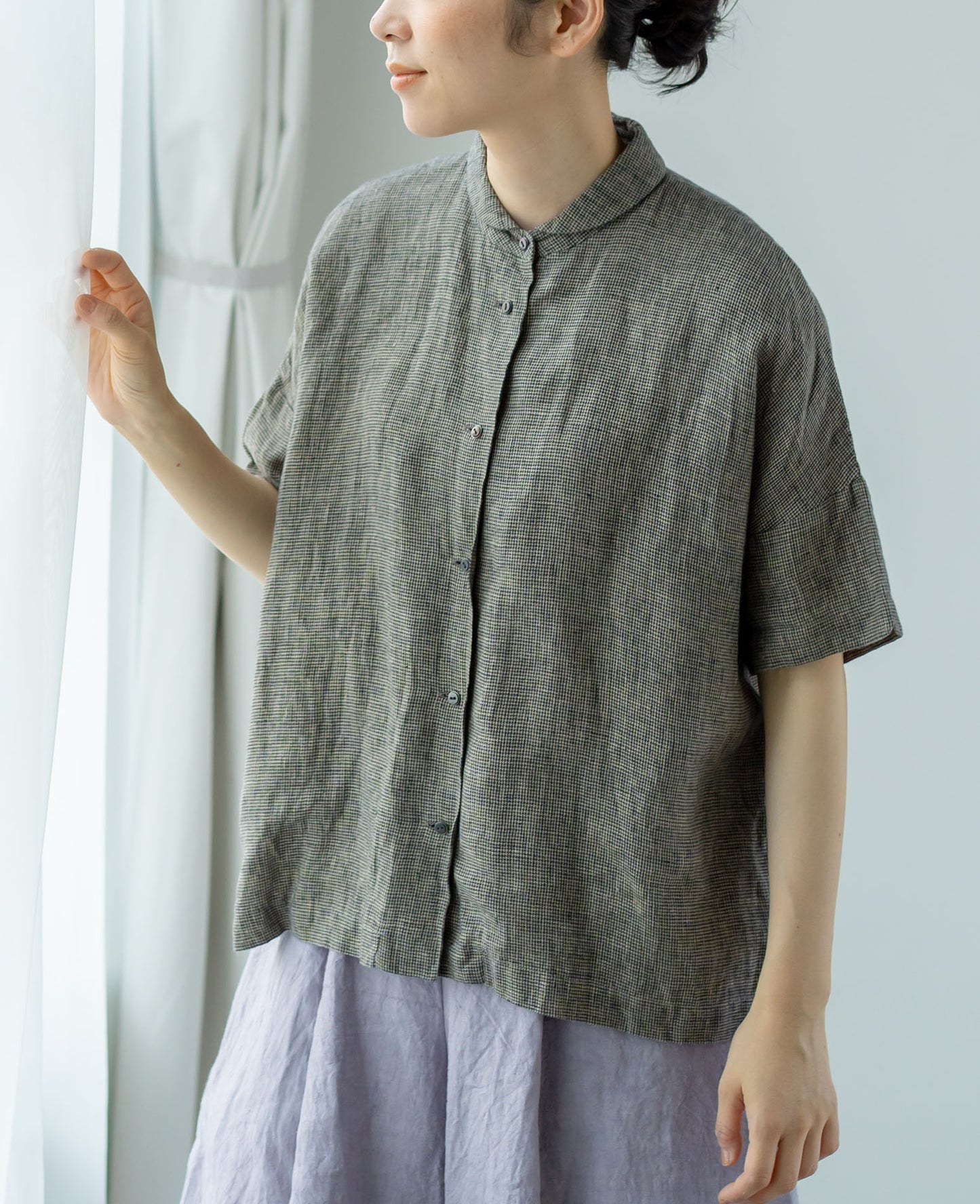 半袖ダッチカラーシャツ / リネン千鳥格子
