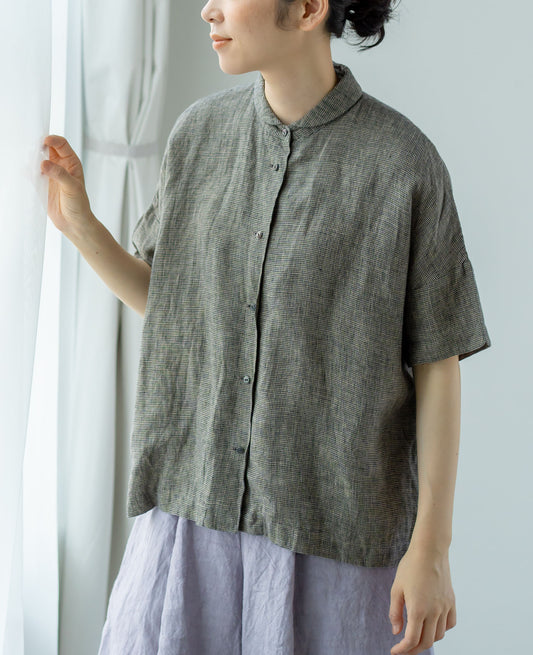 【4月11日(土)12時〜発売】半袖ダッチカラーシャツ / リネン千鳥格子