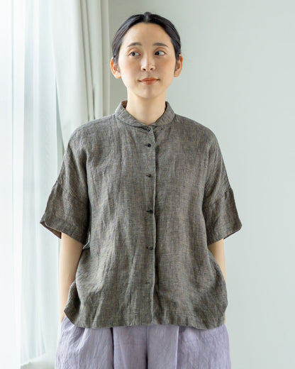 半袖ダッチカラーシャツ / リネン千鳥格子