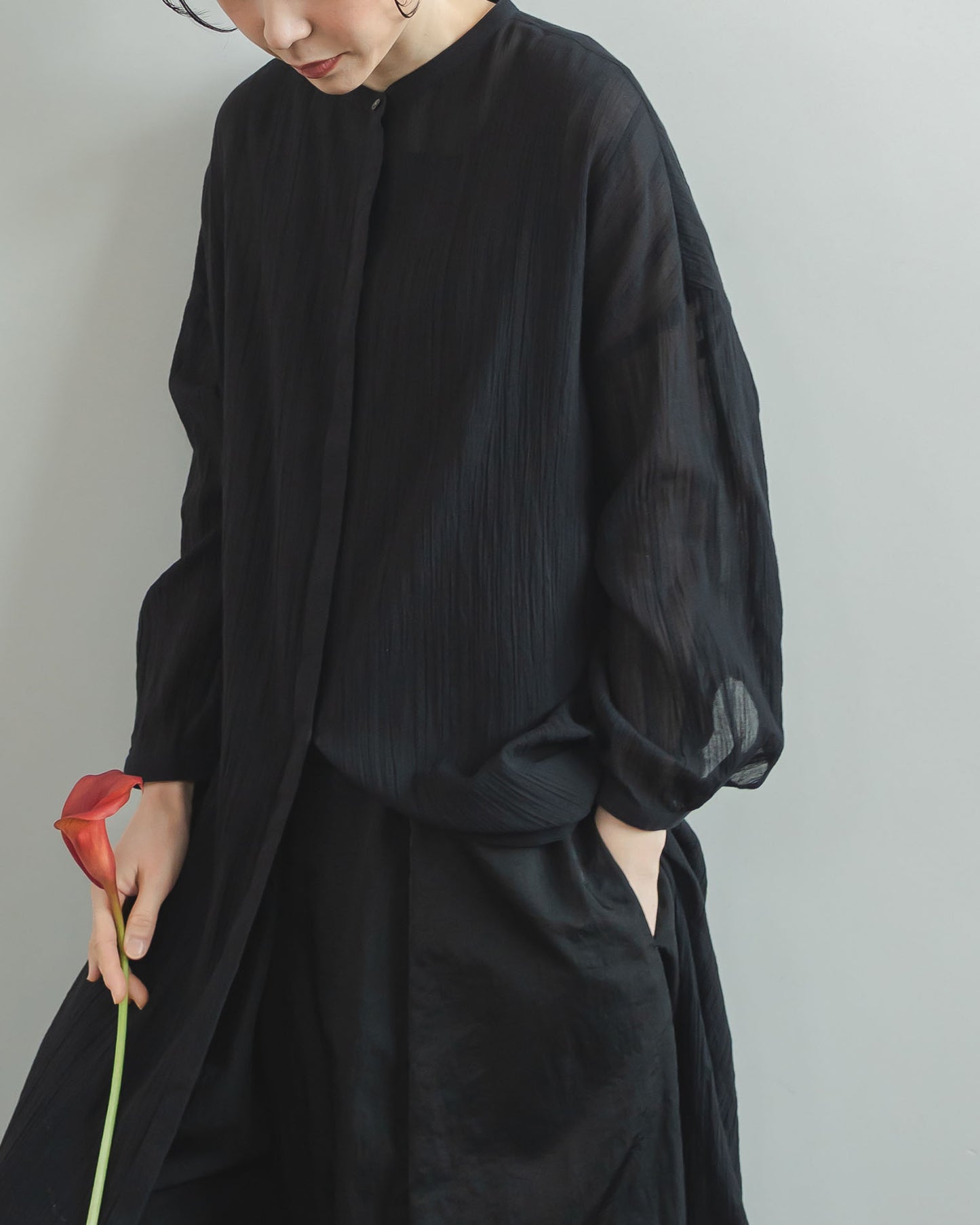 【6.6(土)12:00~発売予定】ロングスタンドカラーシャツ/シアーストライプ