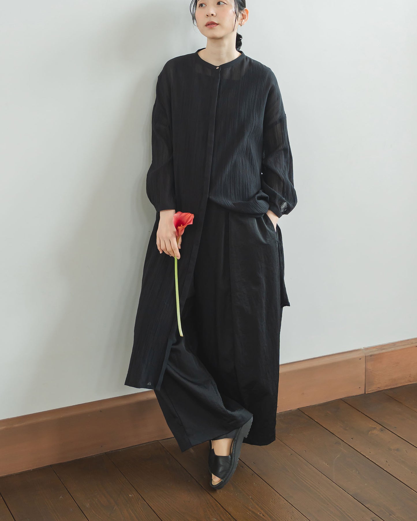 【6.6(土)12:00~発売予定】ロングスタンドカラーシャツ/シアーストライプ